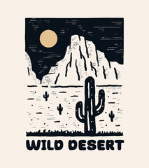 Wild desert adventure vintage graphic print design for t shirt. Cactus wild artwork design.