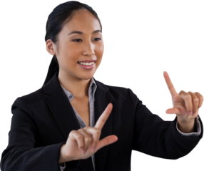 Smiling businesswoman doing finger frame gesture