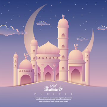 Eid Mubarak background in purple color with mosque illustration, arabic calligraphy for eid mubarak greeting background