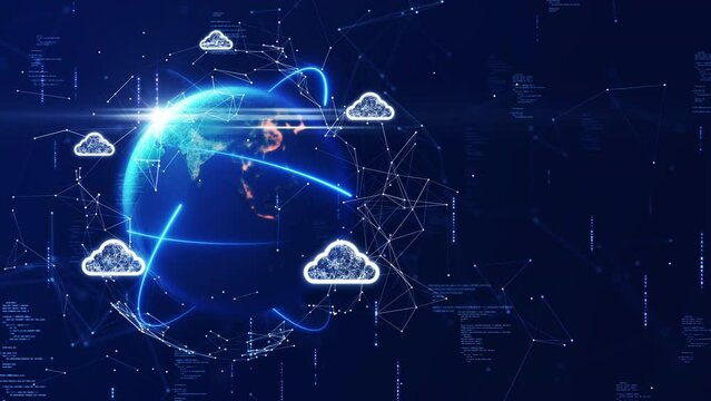 cloud and edge computing technology. Secure database storage is protected from unauthorized access and cyber threats. Polygons and interconnected global cloud network on dark blue background.