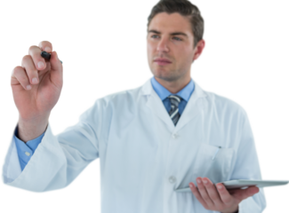 Doctor with digital tablet pretending to be using futuristic digital screen