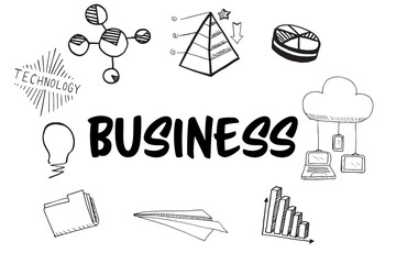 Business text surrounded by various vector icons