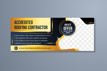 Obraz premium accredited roofing contractor flyer design template use horizontal layout banner. dark purple background combined with gold gradient element color. abstract space of photo collage. best offer sticker.