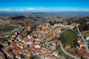 view of the picturesque village of Montforte d'Alba in the Barolo wine region of the Italian Piedmont - obrazy, fototapety, plakaty