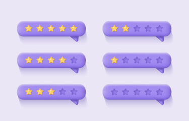 3d customer review. Feedback from clients concept. Set of low and high stars rating on purple background. Realistic vector illustration for website or mobile applications.
