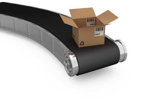 Digital image of conveyor belt with open coardboard box