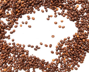 Roasted coffee beans isolated on white background.