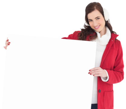 Happy brunette showing white poster - Powered by Adobe