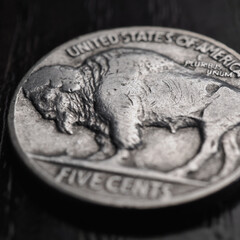 US nickel. Coin 5 cents closeup. Black and white square illustration with American bison. Buffalo nickel. News about USA economy and money. Public debt and treasuries. Five-cent coin. Macro