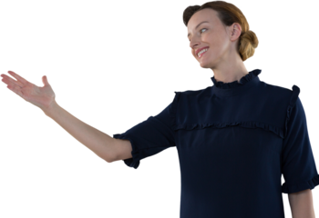 Businesswoman pretending to use an invisible screen