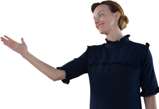 Businesswoman pretending to use an invisible screen