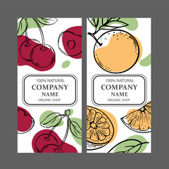 CHERRY AND ORANGE Label Templates Design Of Stickers For Shop Of Tropical Organic Natural Fresh Juicy Fruits And Dessert Drinks In Vintage Vector Collection