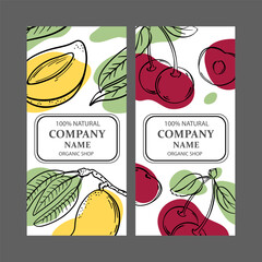 CHERRY AND MANGO Label Templates Design Of Stickers For Shop Of Tropical Organic Natural Fresh Juicy Fruits And Dessert Drinks In Vintage Vector Collection