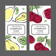 CHERRY AND PEAR Label Templates Design Of Stickers For Shop Of Tropical Organic Natural Fresh Juicy Fruits And Dessert Drinks In Vintage Vector Collection