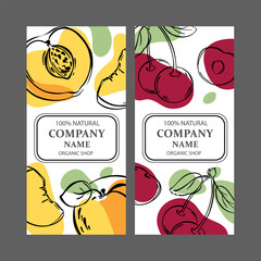 CHERRY AND PEACH Label Templates Design Of Stickers For Shop Of Tropical Organic Natural Fresh Juicy Fruits And Dessert Drinks In Vintage Vector Collection