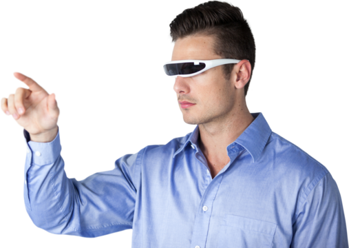Young man pointing while using virtual video glasses