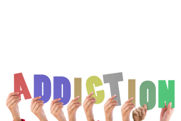 Cropped hands holding colorful word addiction 