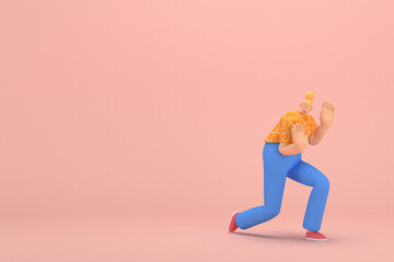 Fototapeta na wymiar The woman with golden hair tied in a bun wearing blue corduroy pants and Orange T-shirt with white stripes. He is pulling or pushing something. 3d rendering of cartoon character in acting.