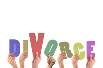 Cropped hands holding colorful word divorce 