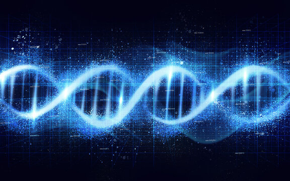 DNA, genetic code isolated on black background, science with neon blue light and ai generated. Evolution, helix and molecular structure, genome cell and RNA, gene with link and technology abstract