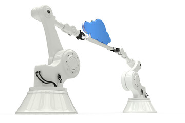 Digitally composite image of robotic hands holding cloud