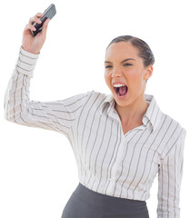 Offended businesswoman screaming and throwing her mobile phone