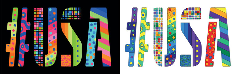 USA Hashtag. Unique colorful friendly text. Cartoon bright isolate letters with creative multicolored decoration inside. Hashtag #USA for network, web resources, print, typography design, t-shirt, fly