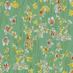 Seamless floral pattern with garden daffodils on green background.