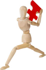 Rolgordijnen 3d image of wooden figurine holding red puzzle piece  © vectorfusionart