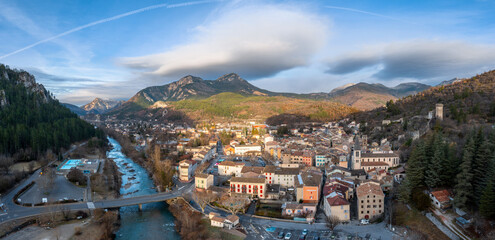 Fototapeta premium aerial view of the French village of Castellane in the Upper Verdon Gorge