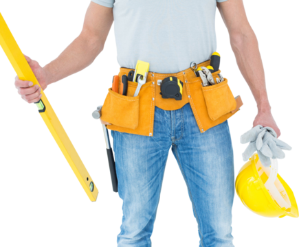 Repairman holding spirit level and hardhat