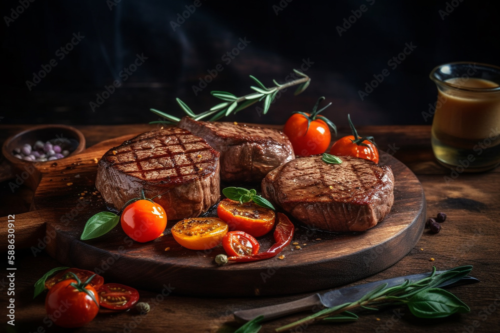 Wall mural Succulent thick juicy portions of grilled fillet steak served with tomatoes and roasted vegetables on an old wooden board