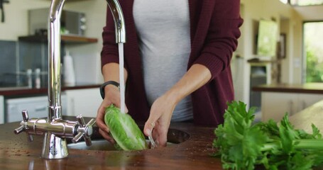 Midsection of caucasian pregnant woman washing vegetables in kitchen