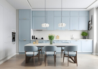 Fototapeta na wymiar Light Blue Modern Kitchen with Sleek Design, Sleek and Sophisticated Light Blue Kitchen with Marble Textured Wall and Leather Chairs