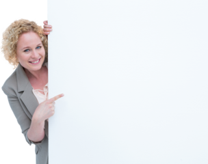 Woman pointing around blank sign