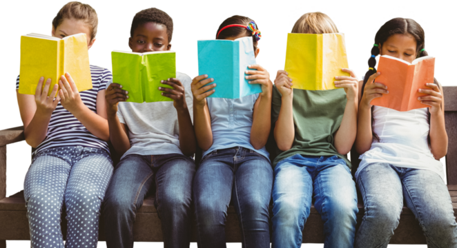 Children reading books at park