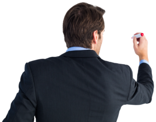 Rear view of businessman standing and writing