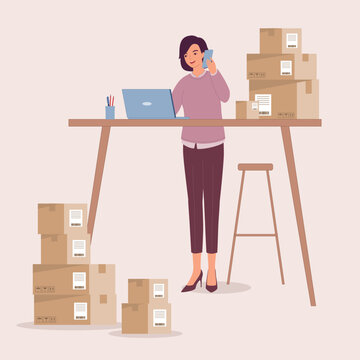 One Smiling Businesswoman With Laptop And Mobile Phone Managing Purchase Order From Client. Side Hustle. Small Business. Full Length. Flat Design Style, Character, Cartoon.