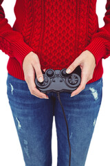 Mid section of a hipster woman playing video games