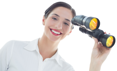 Smiling business woman with binoculars