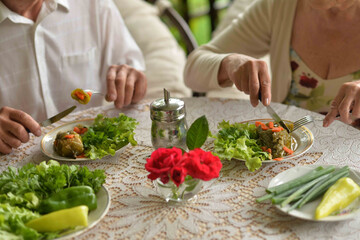 Elderly couple eating at table at country house 