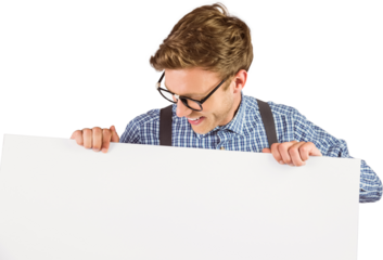 Geeky hipster showing a card