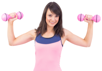 Smiling woman holding hand weight