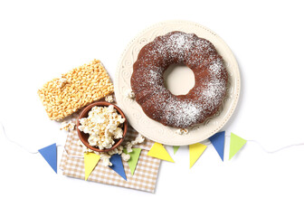 Traditional food with flags for Festa Junina (June Festival) on white background