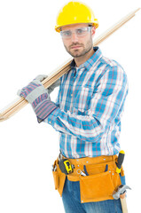 Construction worker carrying wooden planks