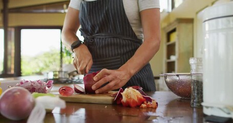Midsection of caucasian pregnant woman wearing apron and cutting onion
