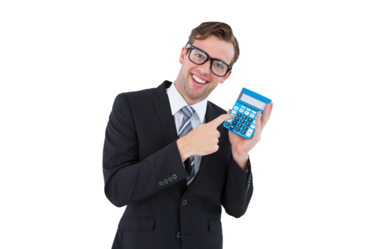 Geeky businessman pointing to calculator  - Powered by Adobe