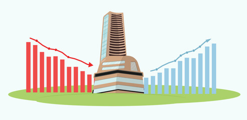 Stock Market Indices Growth and Decline Illustration with Stock Exchange Building and Bar Graphs