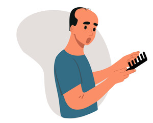 Upset bald man with a comb. Alopecia. Vector illustration