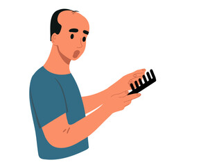 Upset bald man with a comb. Alopecia. Vector illustration